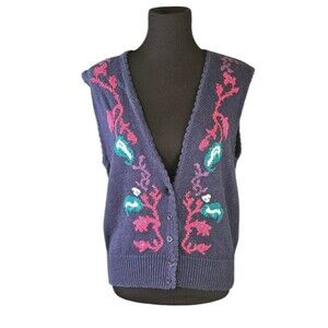 Vintage Attitude Navy Floral Intarsia Knit Sweater Vest Ramie Cotton